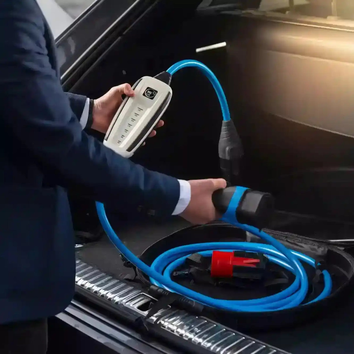 NRGKick Адаптер 32A CEE5 за мобилна зарядна станция с мощност до 22 kW, показан в багажника на автомобил с включен кабел