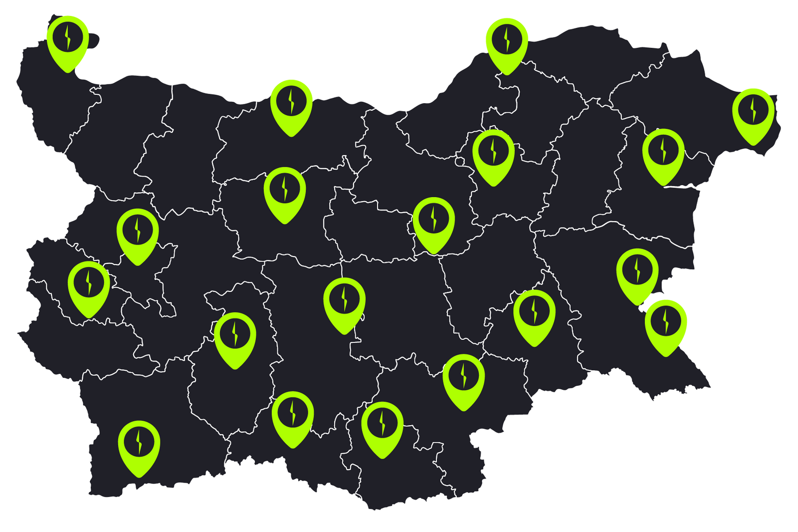 Карта на България изобразяваща покритието на зарядните станции на ELNexus