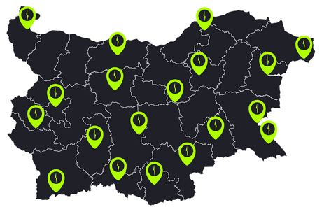 Карта на България изобразяваща покритието на зарядните станции на ELNexus