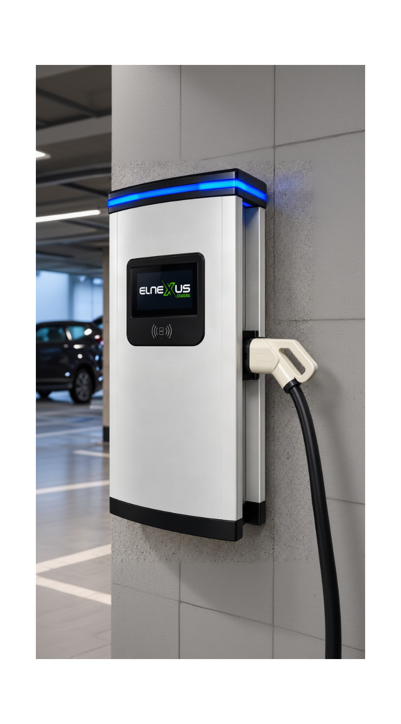 Бърза зарядна станция за електромобили ELNexus Charge. Монтирана на стена в паркинг за публично и служебно зареждане