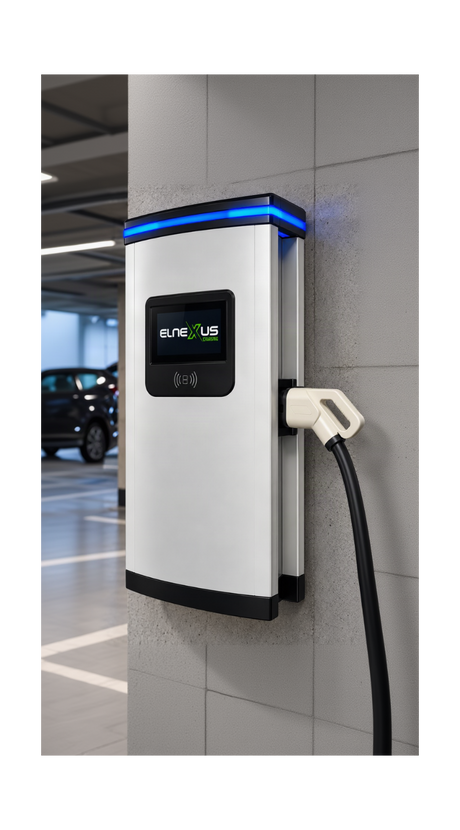 Бърза зарядна станция за електромобили ELNexus Charge. Монтирана на стена в паркинг за публично и служебно зареждане