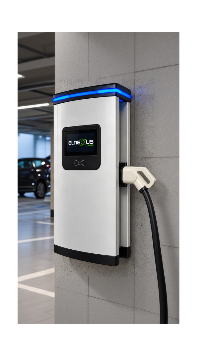 Бърза зарядна станция за електромобили ELNexus Charge. Монтирана на стена в паркинг за публично и служебно зареждане